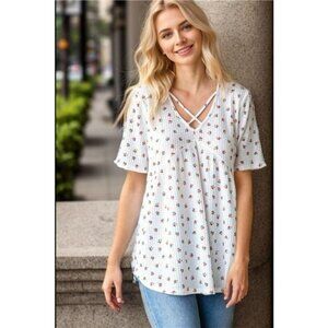 Heimish Full Size Crisscross Ditsy Floral Babydoll Top Plus Size